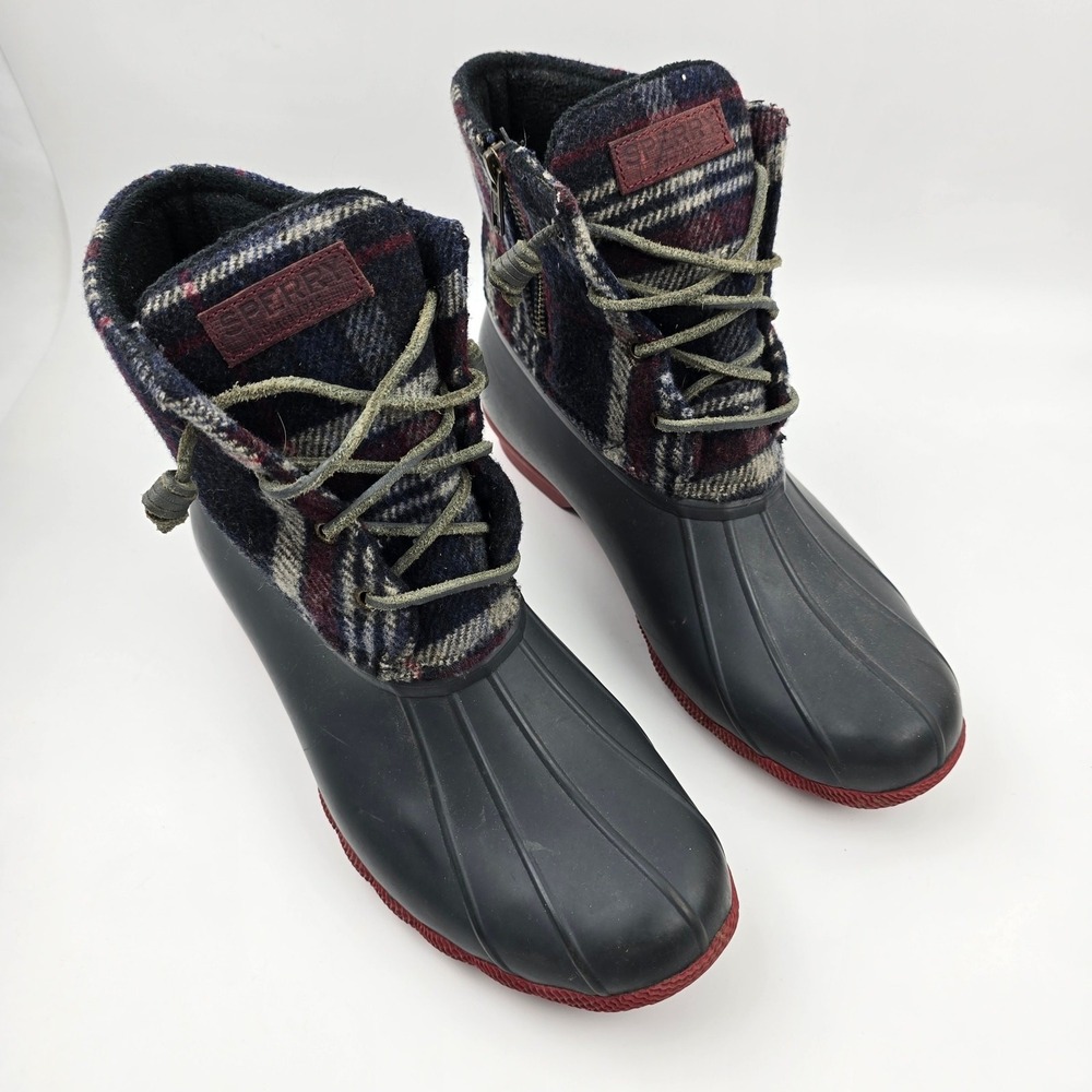 Sperry Saltwater Duck‎ Boots Womens 10 M Blue Red Wool Plaid Waterproof Rubber - Picture 4 of 12